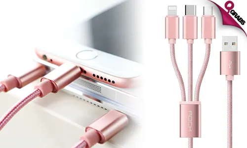3-in-1 Braided Cable with Lightening Connector, Micro USB & Type C Charger!
